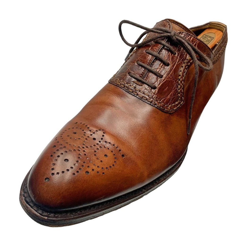 MAGNANNI Brown Calfskin & Crocodile Medallion Toe Dress Brogues